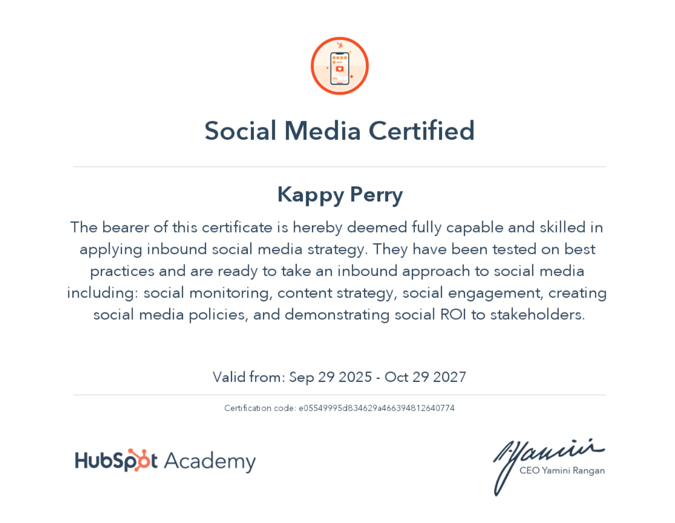 Hubspot Social Media certification badge demonstrating proficiency in social media marketing and content strategy