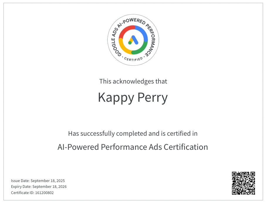 AI-Powered Performance Ad Certification badge showing expertise in AI-driven advertising tools and strategies